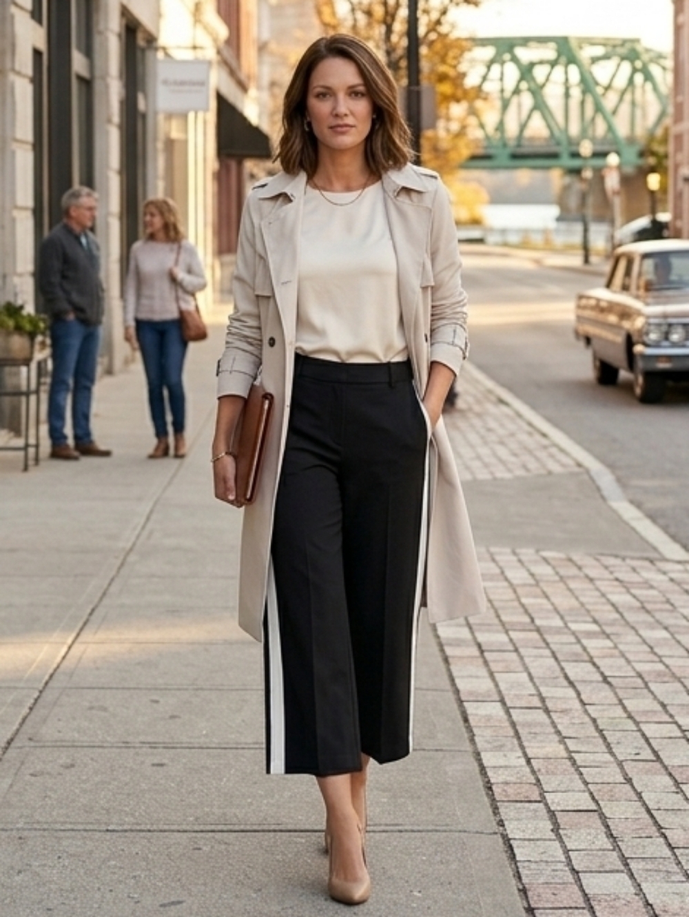 NWT Bar III Wide‑Leg Cropped Pants Black with Racer Stripe